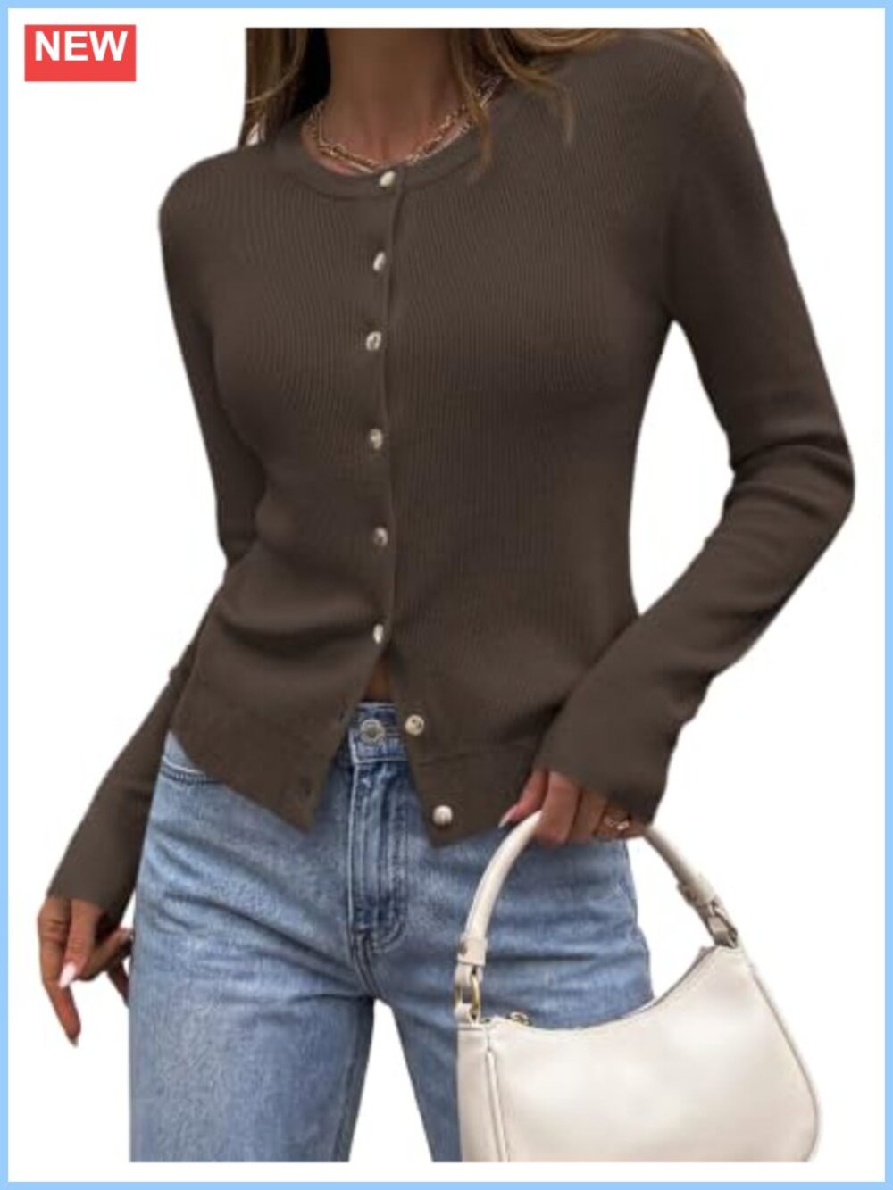 Fitted Cropped Cardigan Sweater Button Down Ribbed Knit Long Sleeve